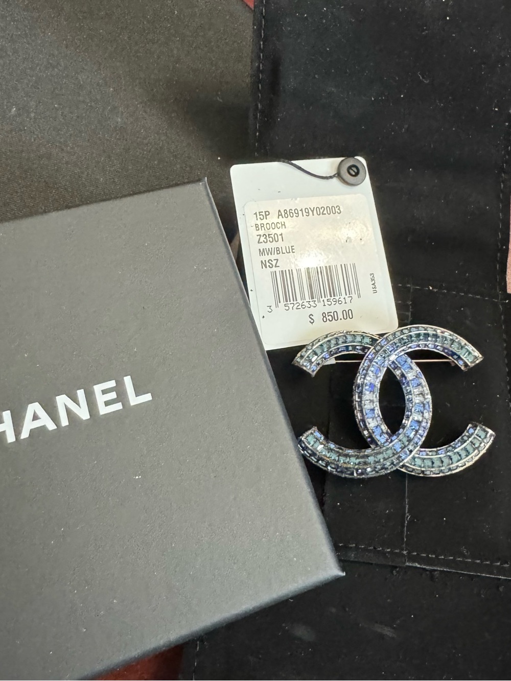 Vintage Authentic CHANEL Large Blue Crystal Interlocking CC Logo Brooch